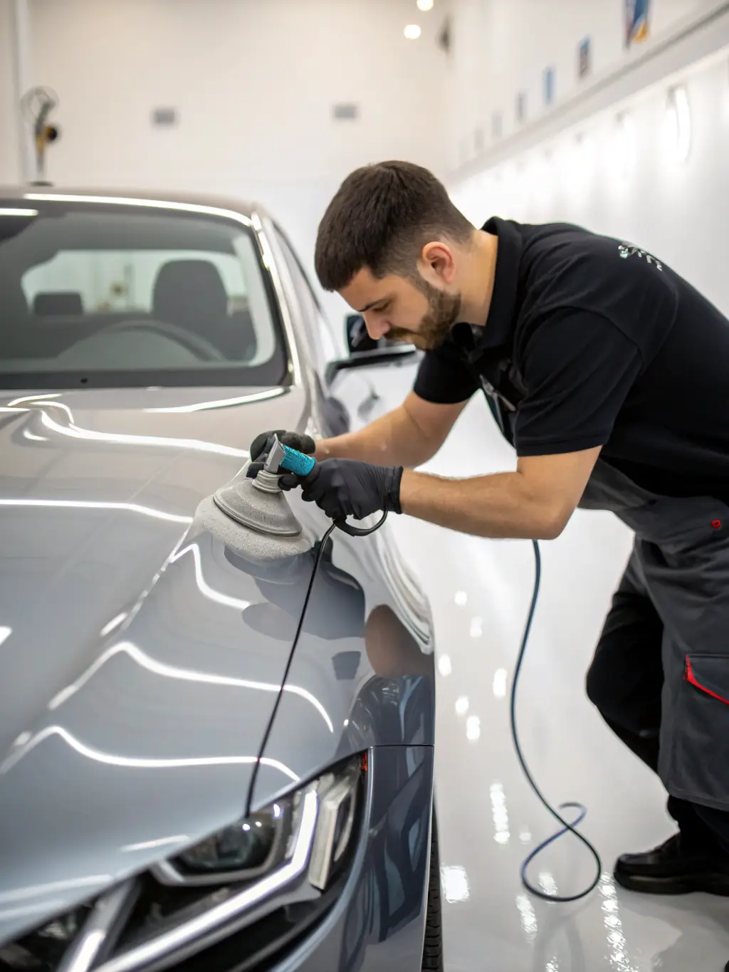 A close-up shot of a professional detailer carefully polishing the paintwork of a luxury car, showcasing the precision and attention to detail involved in the service.