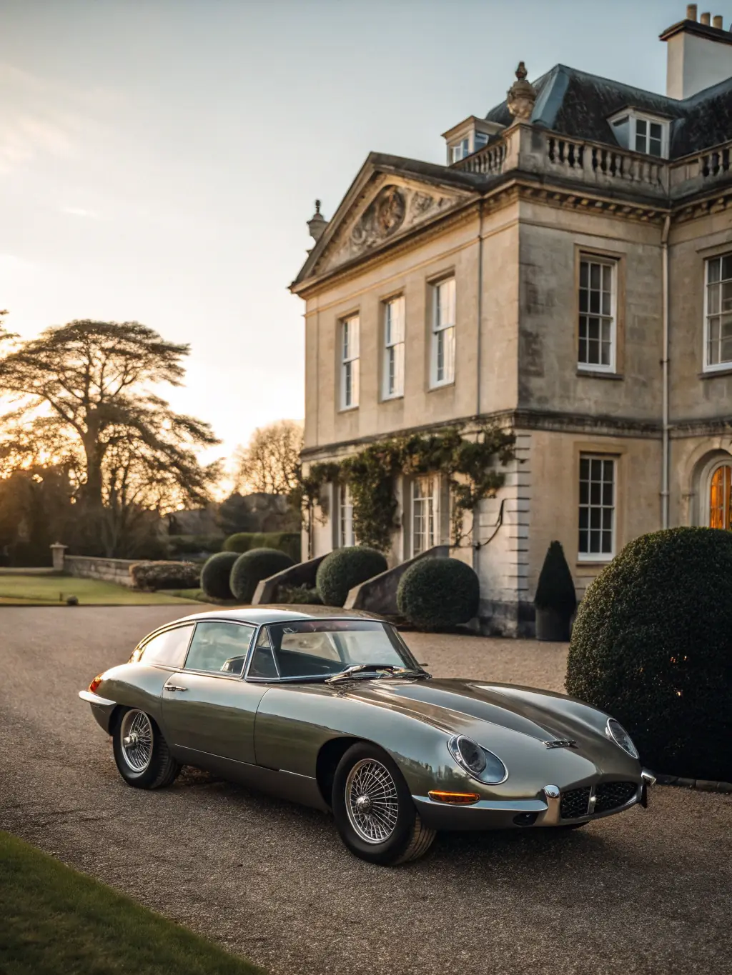 A gleaming, classic Aston Martin DB5 parked in front of a stately British manor, showcasing its timeless elegance and desirability.
