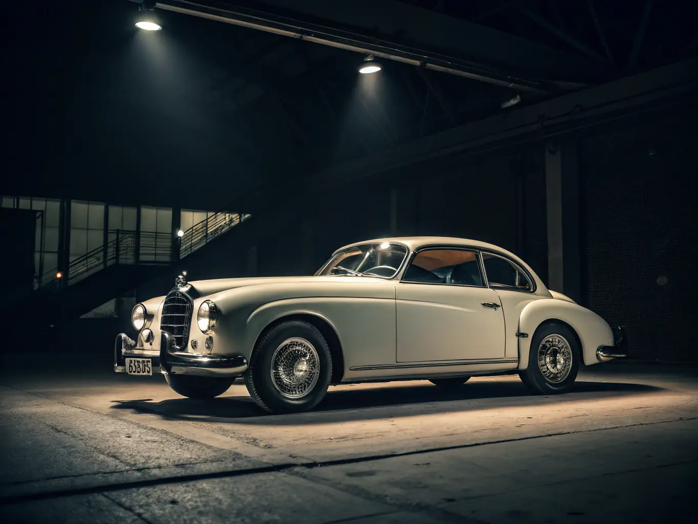 A high-angle shot of a meticulously restored classic Jaguar E-Type, parked in a showroom with soft lighting, emphasizing its elegant curves and flawless paintwork.