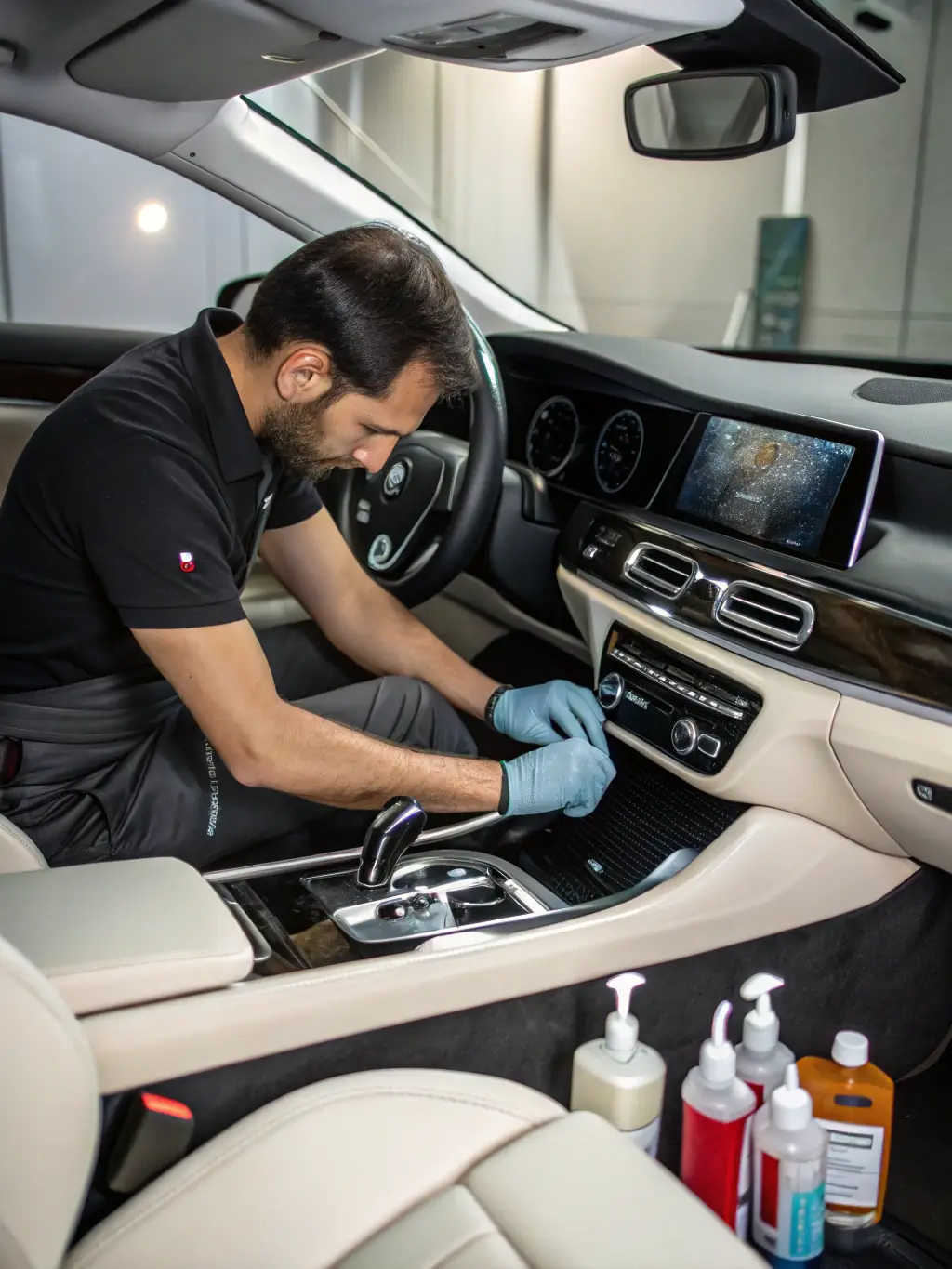 An interior shot of a luxury car being meticulously cleaned, highlighting the use of specialized tools and products to protect delicate surfaces.
