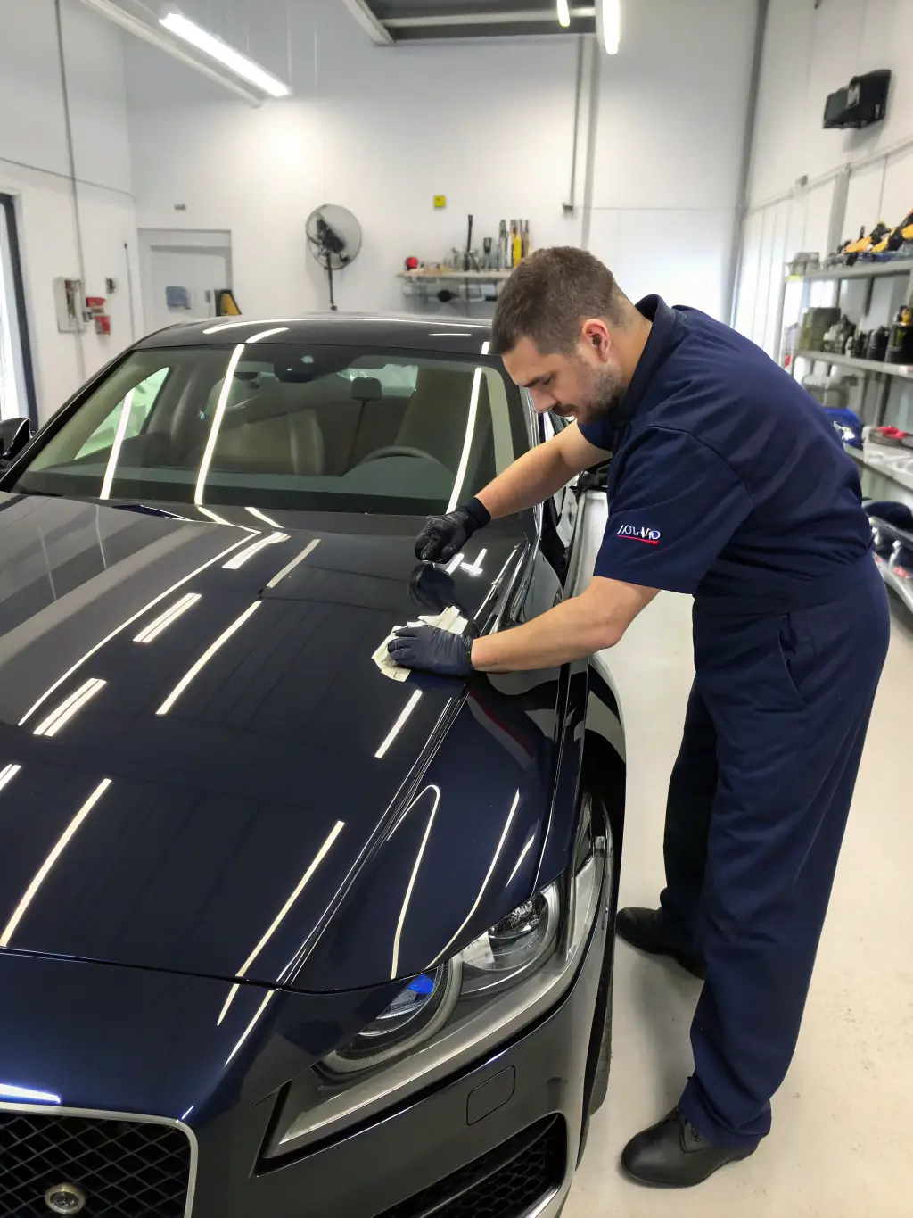 A detailer applying a protective film to a car's surface, demonstrating the process of safeguarding the vehicle from chips and scratches.