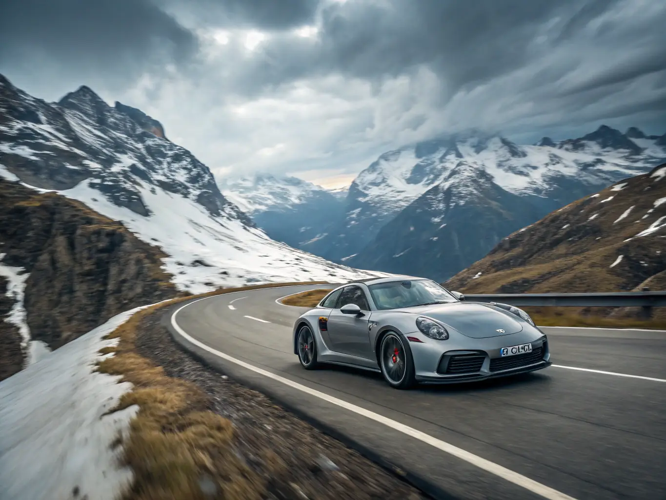A sporty Porsche 911 Carrera, captured in motion on a winding road, highlighting its dynamic handling and iconic silhouette.