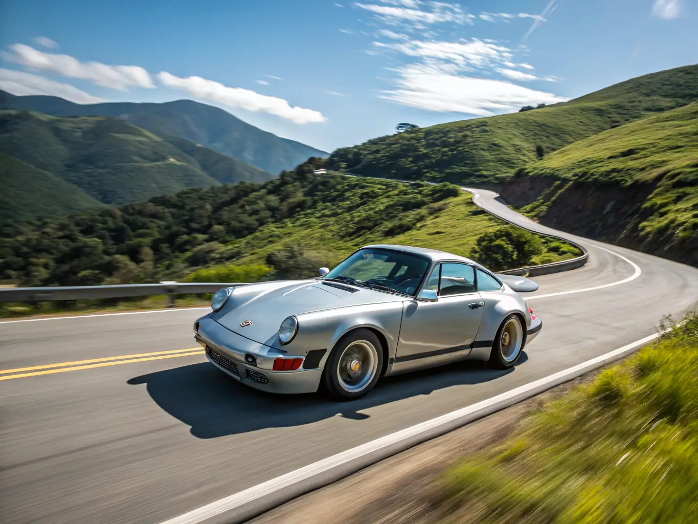 A sporty Porsche 911 Carrera S in vibrant red, speeding along a winding coastal road with the ocean in the background, emphasizing its performance capabilities and exhilarating driving experience.