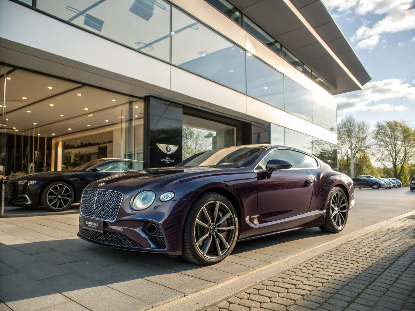 A luxurious Bentley Continental GT with a rich, dark blue exterior, parked on a cobblestone street in a historic European city, highlighting its timeless elegance and sophisticated appeal.