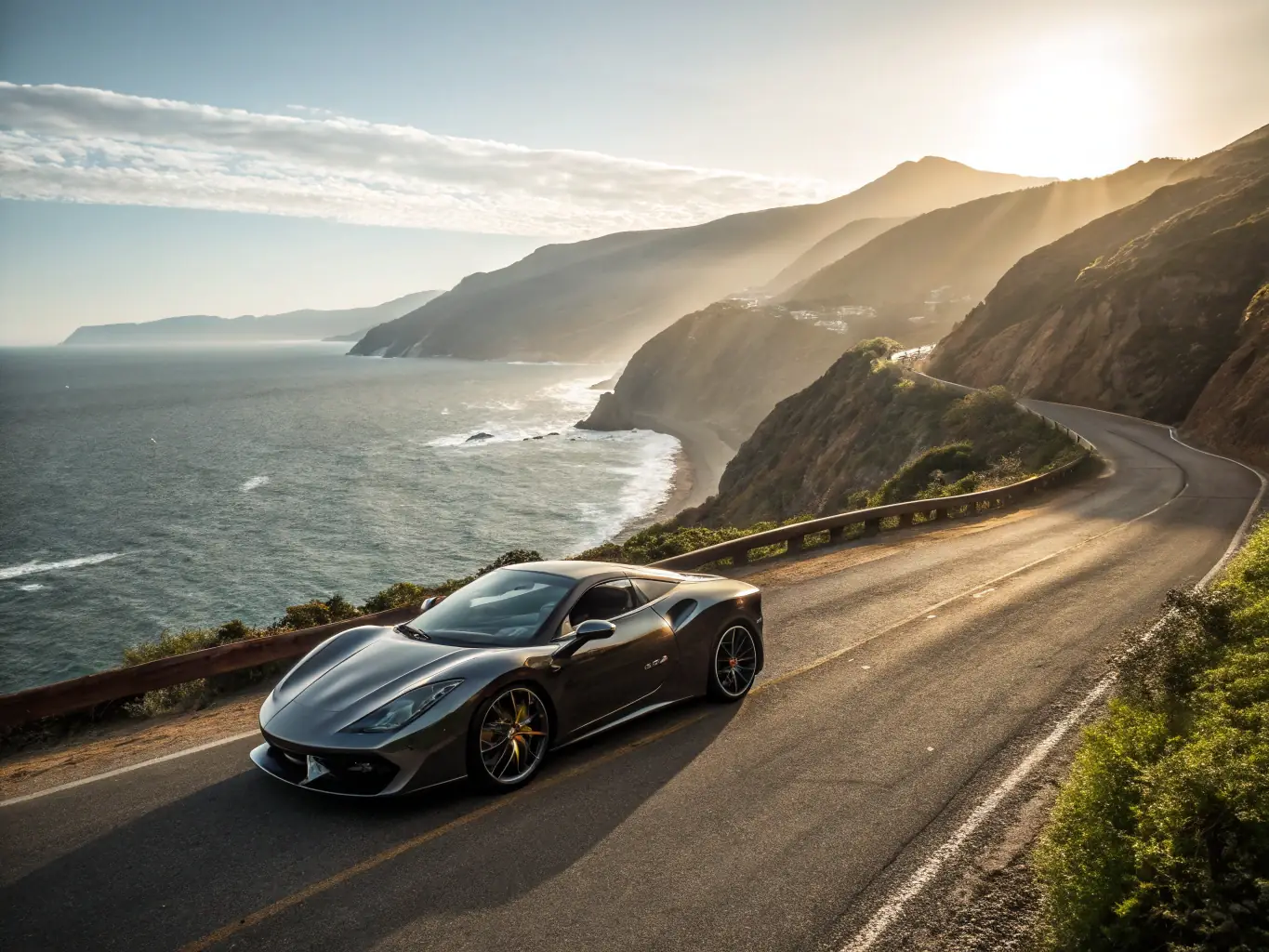 A powerful luxury car speeding down a scenic coastal road, emphasizing its performance and handling capabilities.