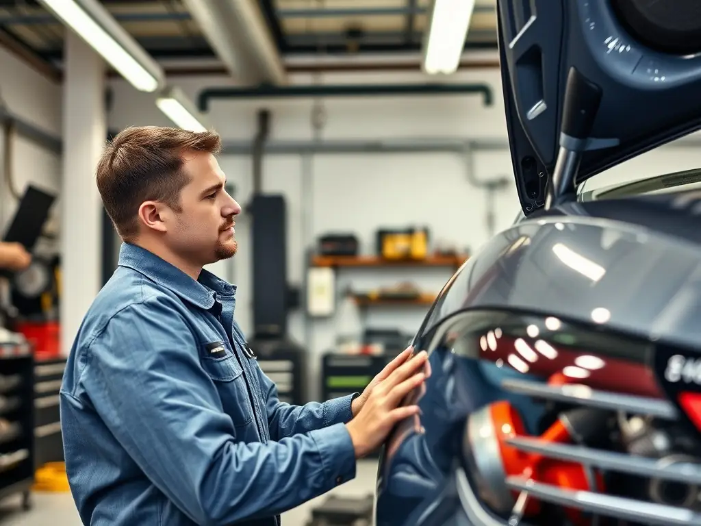 A sleek, modern luxury car being inspected by a professional in a well-lit garage, emphasizing the meticulous sourcing process.