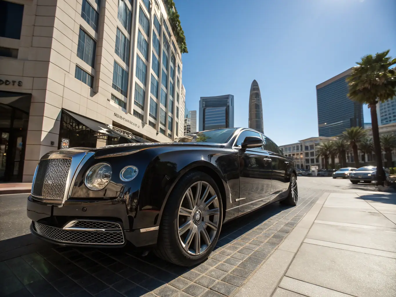 A sophisticated luxury car parked in front of a modern architectural masterpiece, highlighting its elegant design and exclusivity.