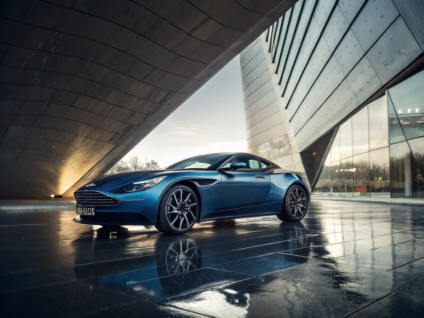 A sleek, silver Aston Martin DB11 parked in front of a modern, minimalist building with large glass windows, showcasing its elegant design and powerful presence.