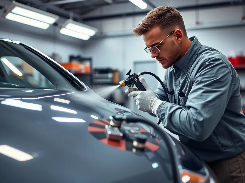 A luxury car with a ceramic coating being applied, showing the protective layer being spread evenly across the vehicle's surface.