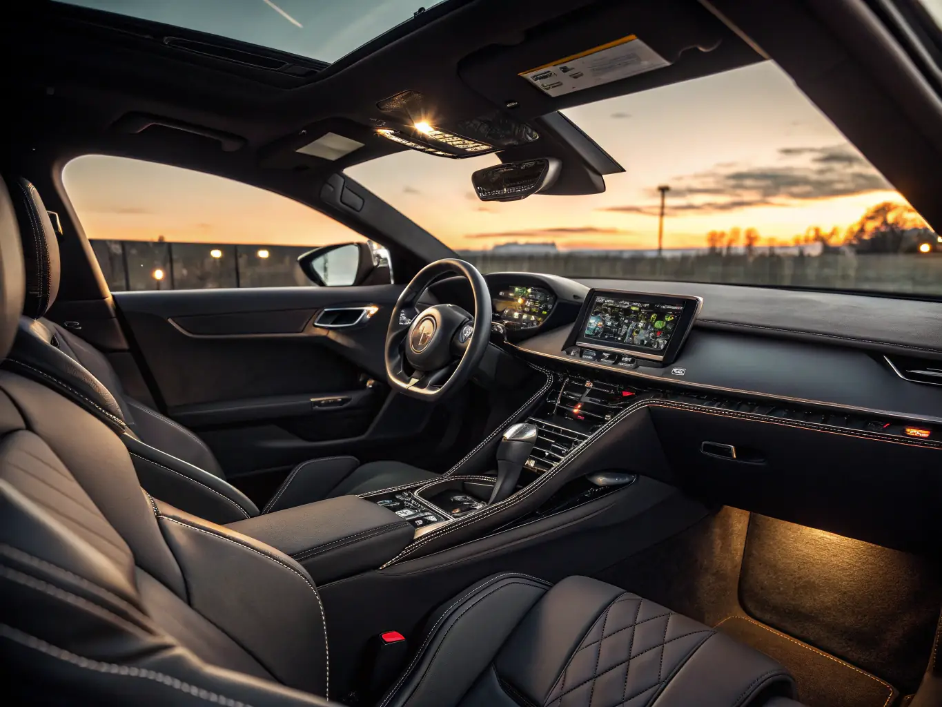 A sleek, modern luxury car interior with leather seats and a high-tech dashboard, showcasing the comfort and sophistication of the vehicle.
