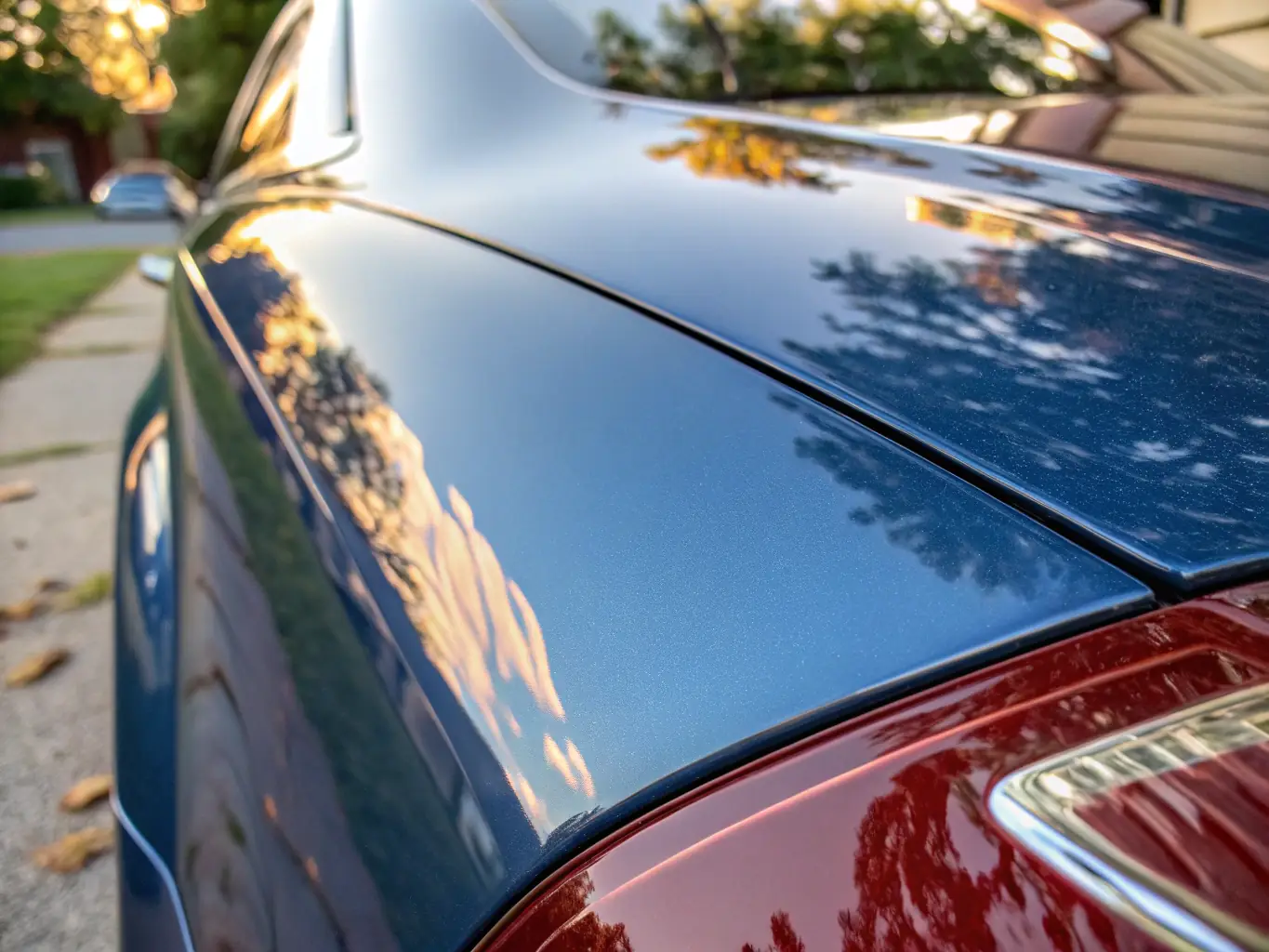 A close-up shot of a freshly detailed luxury car's paint surface, highlighting the mirror-like reflection and flawless finish achieved through professional detailing.
