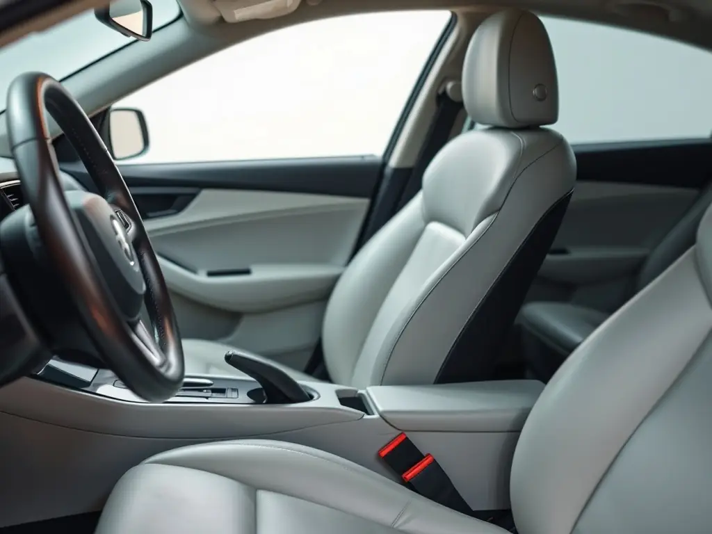 An interior shot of a luxury car undergoing detailing, showcasing the meticulous cleaning and conditioning of leather seats and dashboard.